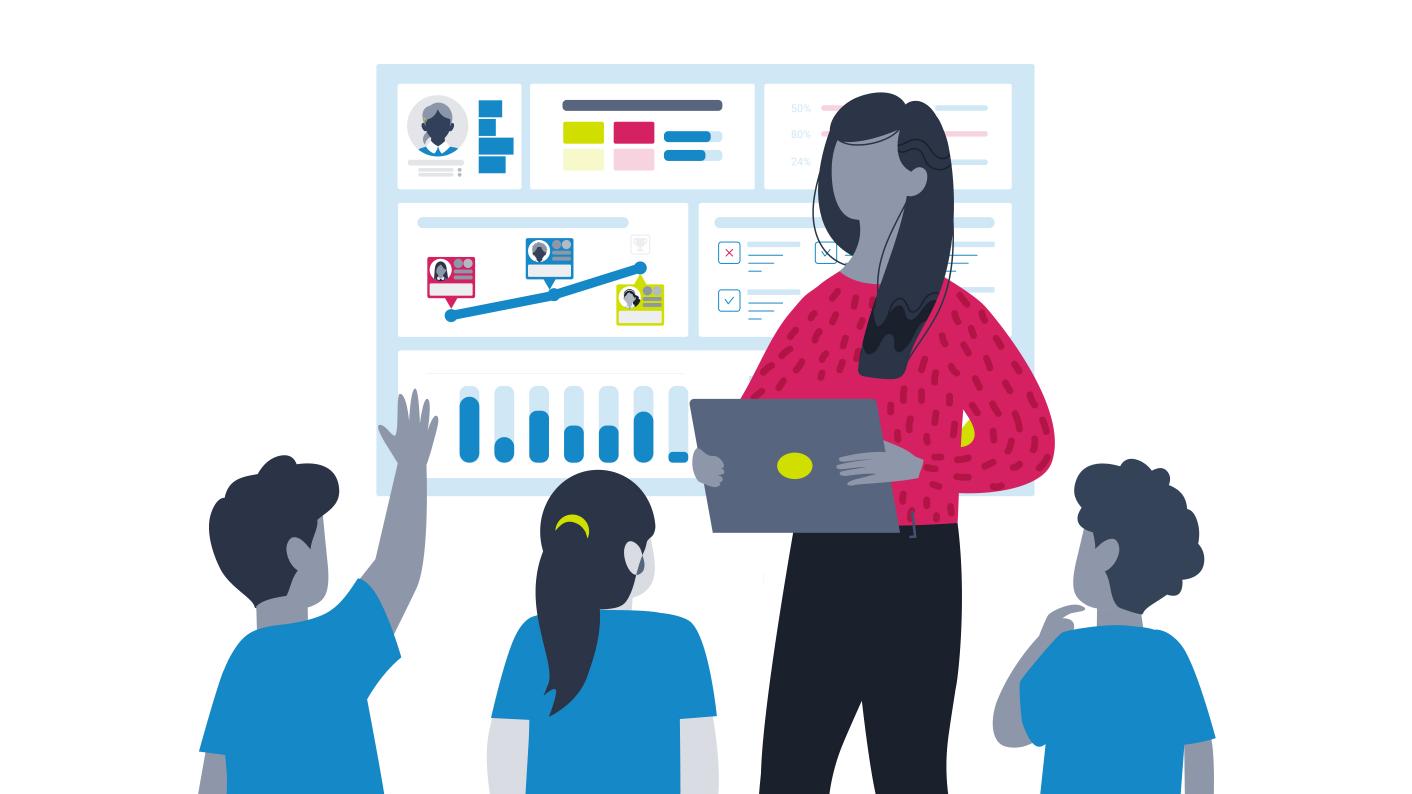 Teacher with primary students in a class room with Class Chart data in the background