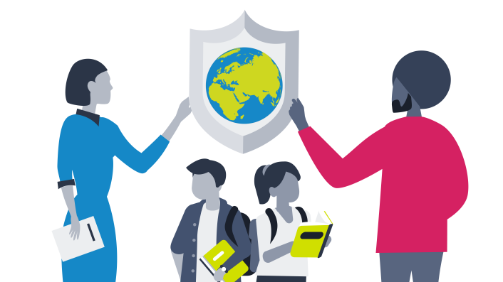 Teachers holding the earth in a safeguarding shield with their students