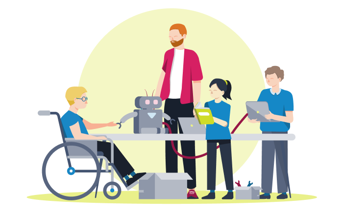 A teacher with 3 students of diverse needs in an inclusive classroom