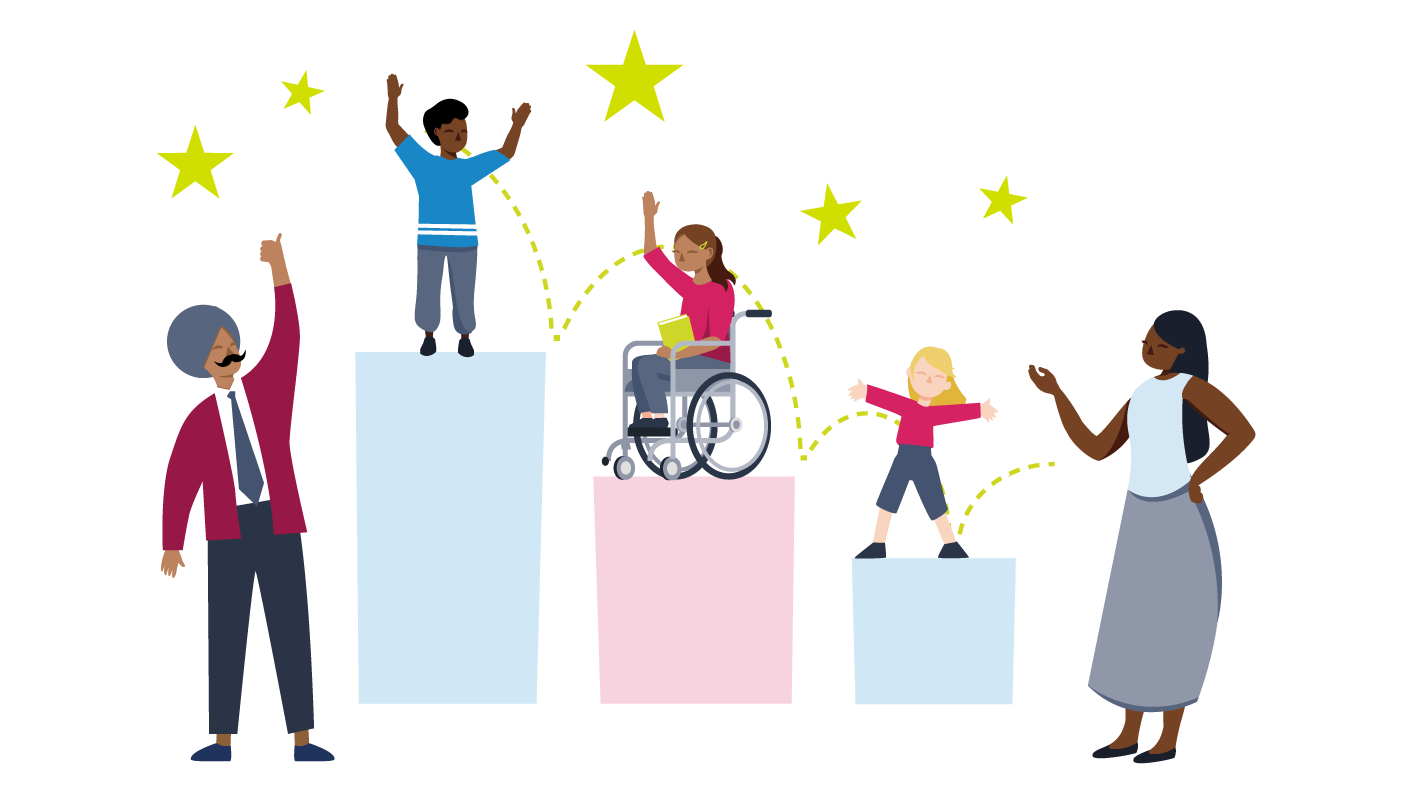 illustration depicting a male and a female educator with three students of diverse needs.