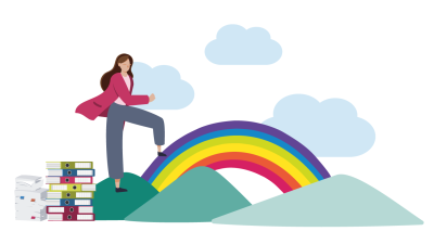 teacher stepping onto a rainbow