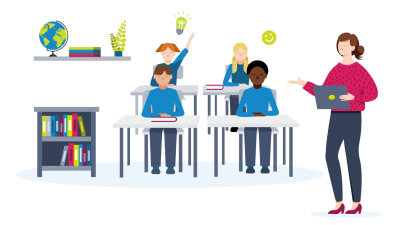 teacher managing four calm students at their desks