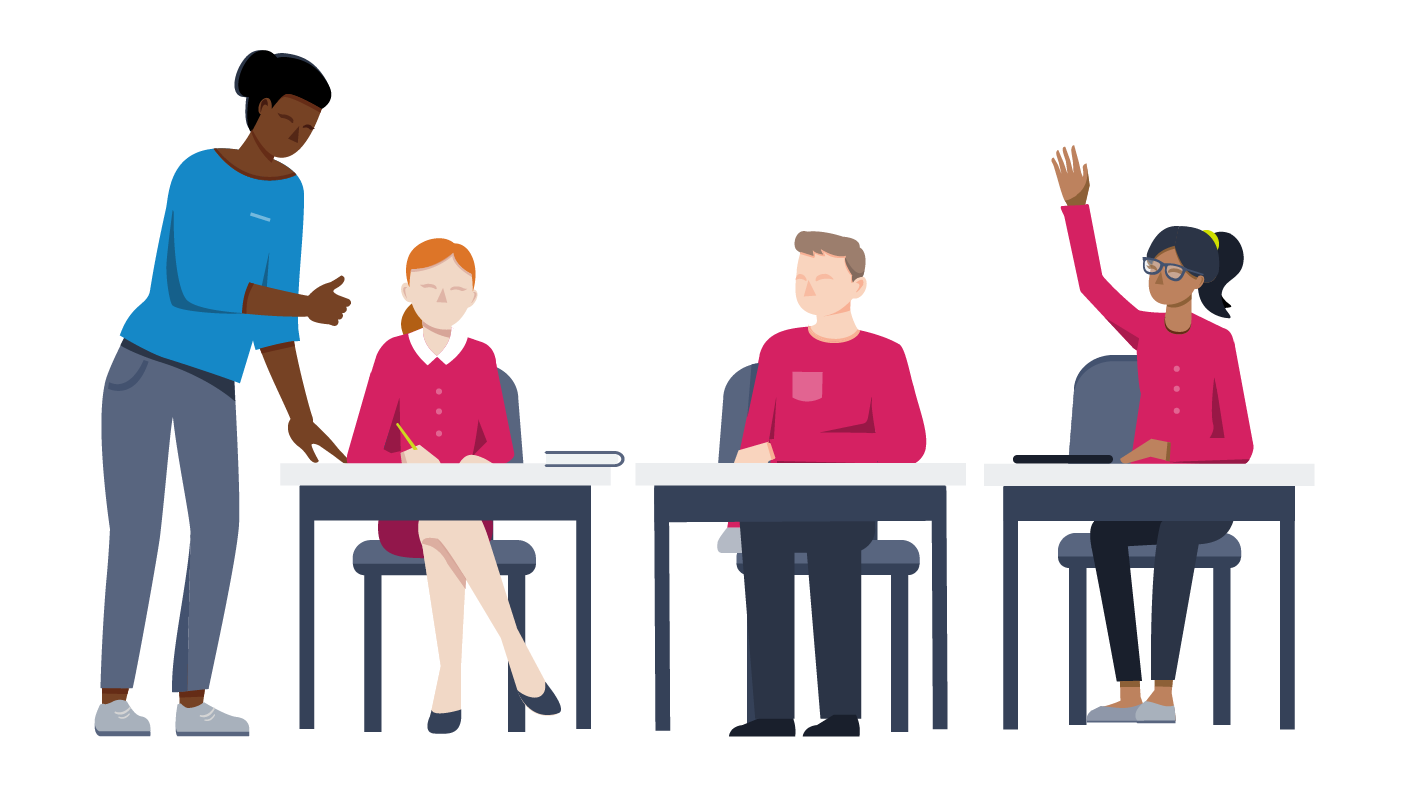 A teacher instructing students in a classroom setting.