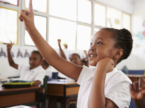 Primary pupil with her hand up ready to answer questions