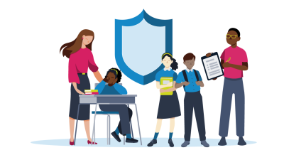 illustrated teacher stood next to student at school desk. Next to them are two students, one boy and one girl, stood alongside a male teacher holding a clipboard. 