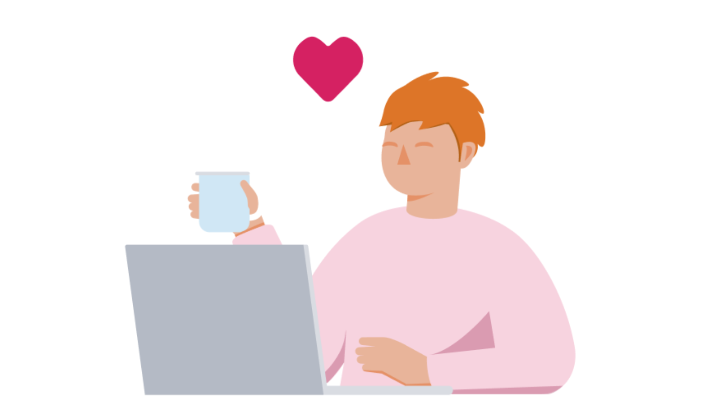 Illustrated man sitting in front of laptop. He is wearing a pink top and holding a mug in his hand. 